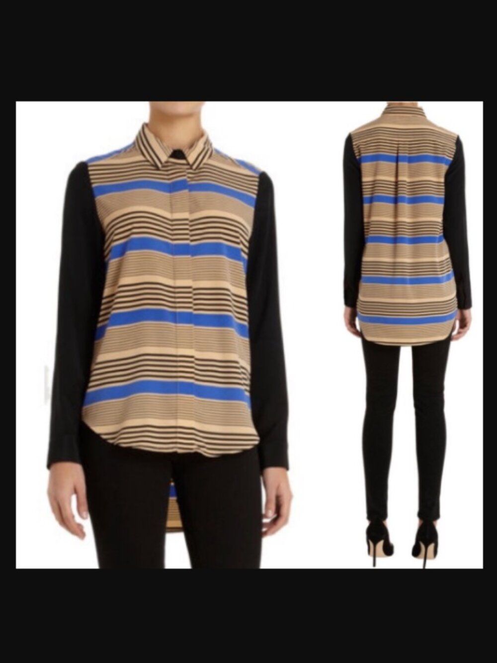Sea New York Striped Hidden Button-Up Blouse 100% Silk Contrast Sleeve $294.00